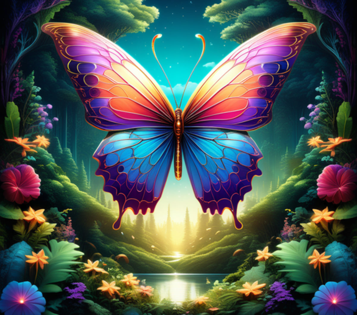 A&T Custom 20oz stainless steel tumbler featuring a vibrant, colorful butterfly design in a magical forest setting.