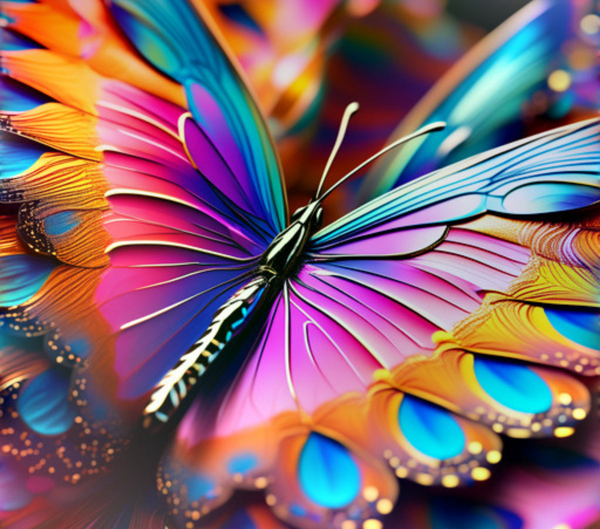 A&T Custom 20oz stainless steel tumbler featuring a vibrant, colorful butterfly wing pattern with iridescent details.