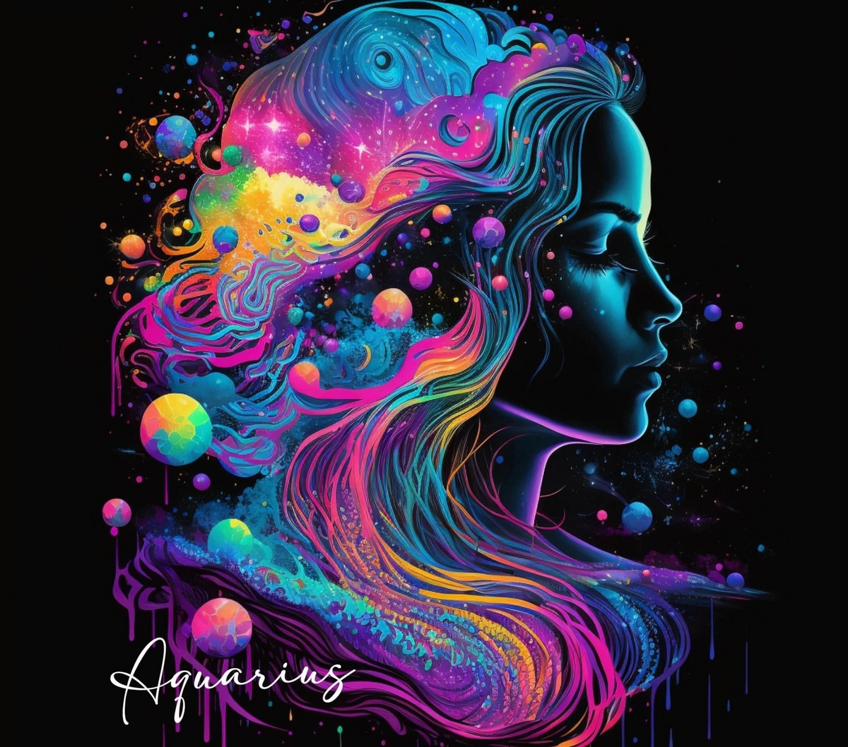 A&T Custom Aquarius zodiac art print featuring a profile silhouette with vibrant neon cosmic hair on black background