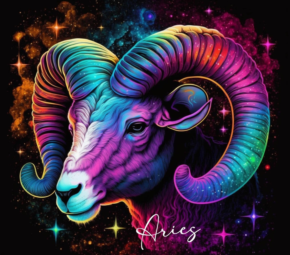 A&T Custom Aries zodiac art print featuring a neon-colored ram with large horns against a vibrant cosmic background.