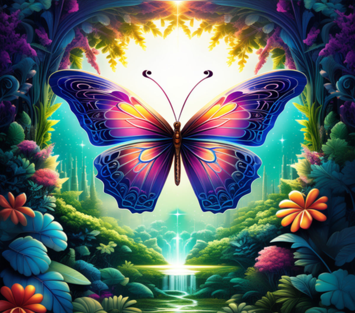 A&T Custom 20oz stainless steel tumbler featuring a vibrant, colorful butterfly design in a magical forest setting.