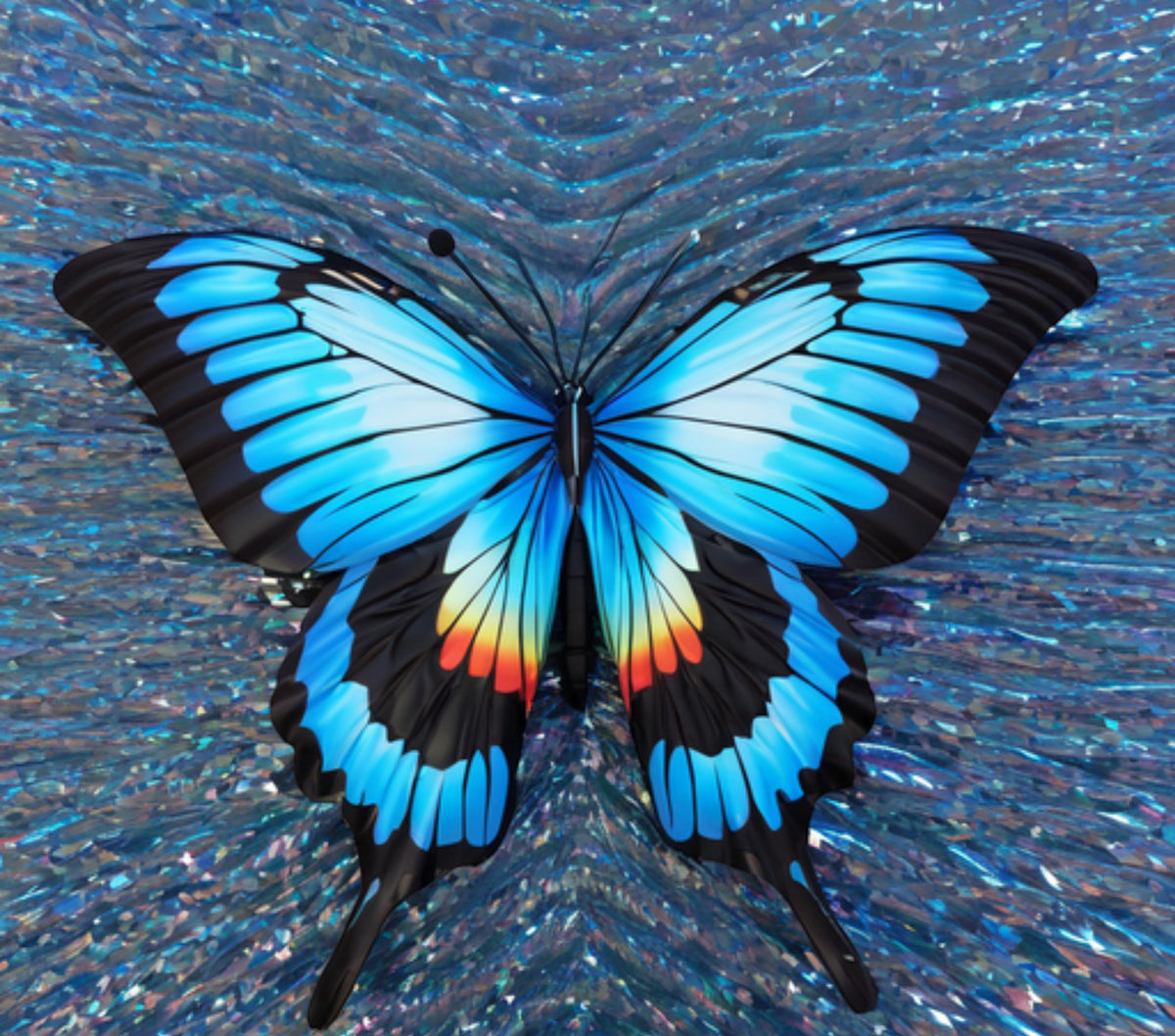 A&T Custom 20oz stainless steel tumbler featuring a vibrant blue butterfly design on a shimmering iridescent background.