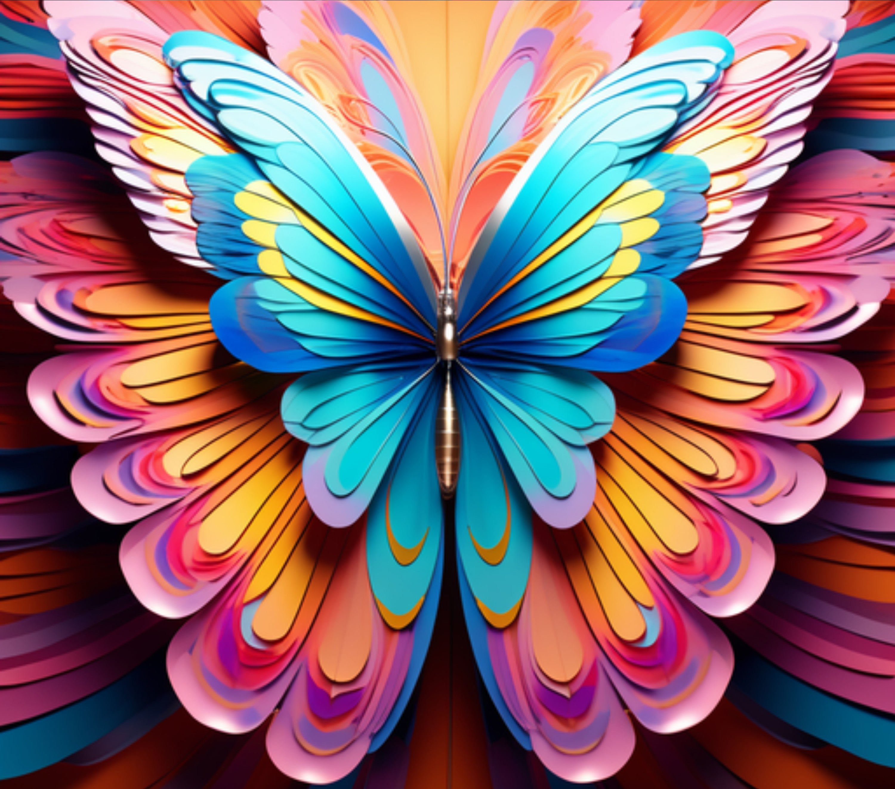 A&T Custom 20oz stainless steel tumbler featuring a vibrant, layered 3D butterfly wing design in blue, orange, and pink.