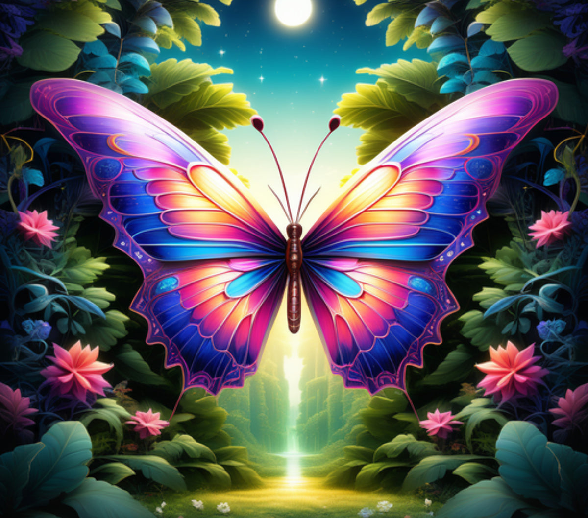 A&T Custom 20oz stainless steel tumbler featuring a vibrant, colorful butterfly design in a magical garden setting.