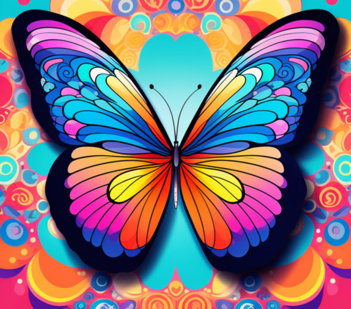 A&T Custom 20oz stainless steel tumbler featuring a vibrant, colorful butterfly design with swirling patterns.