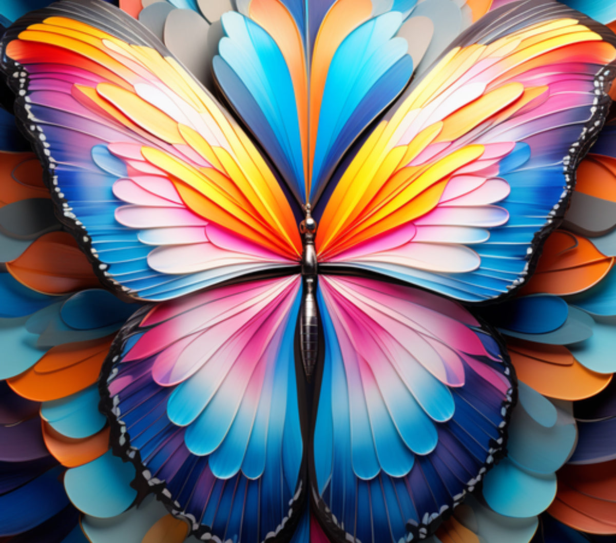 A&T Custom 20oz stainless steel tumbler featuring a vibrant, layered 3D butterfly wing design in orange, pink, and blue.