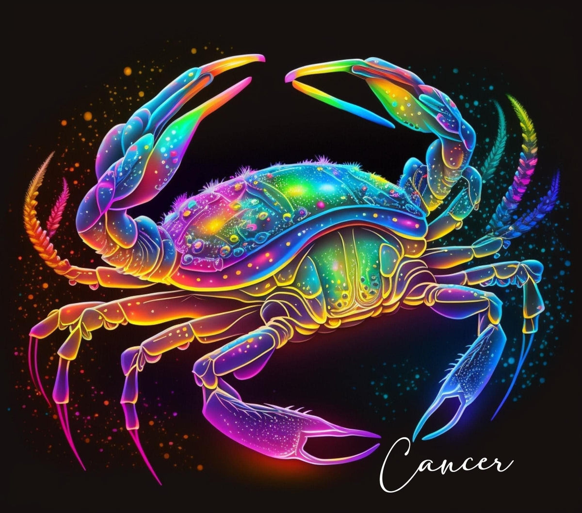 A&T Custom Cancer zodiac sign graphic print featuring a vibrant neon crab illustration on a deep black background.
