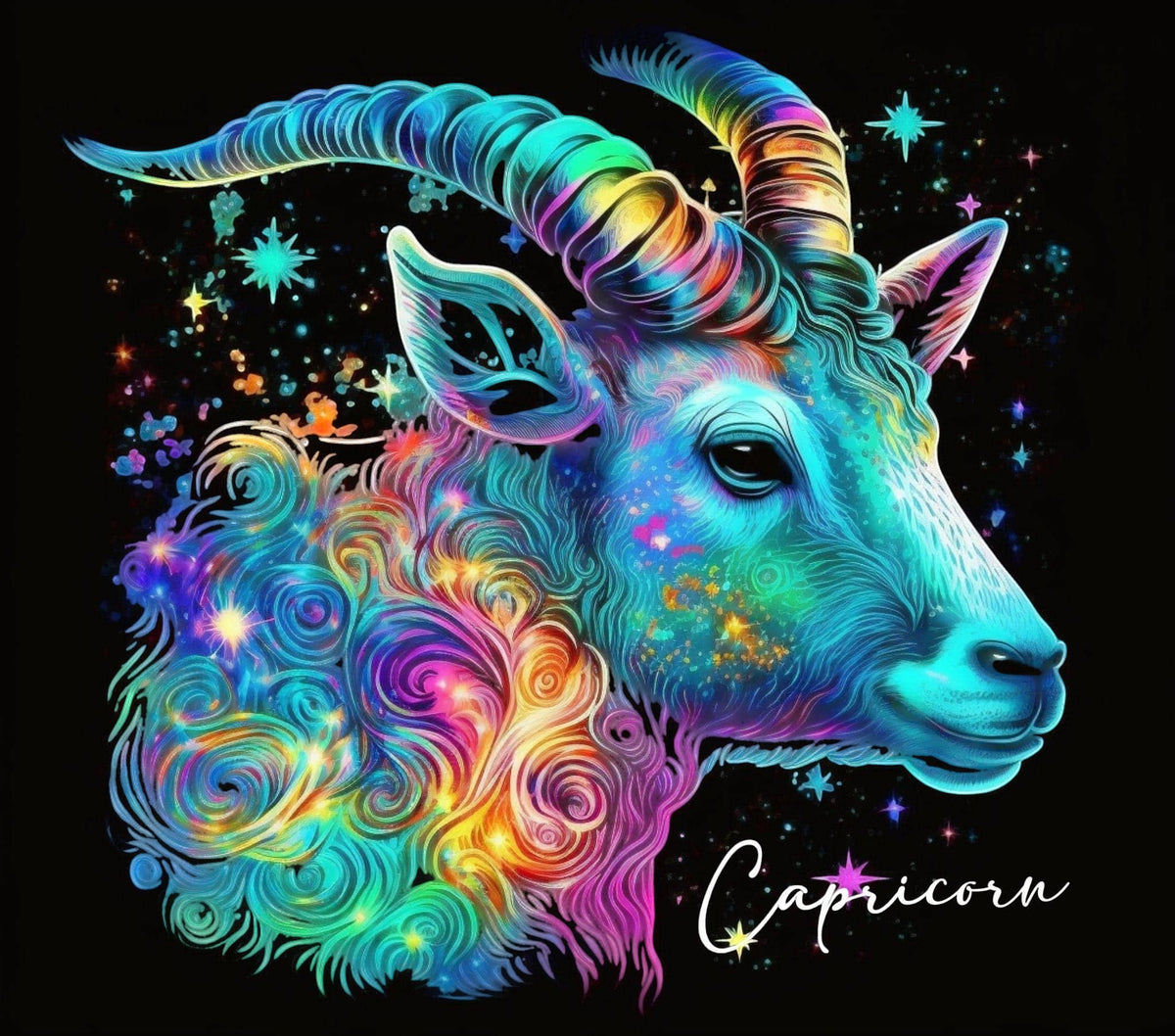A&T Custom Capricorn zodiac art print featuring a vibrant neon goat illustration against a dramatic black background.