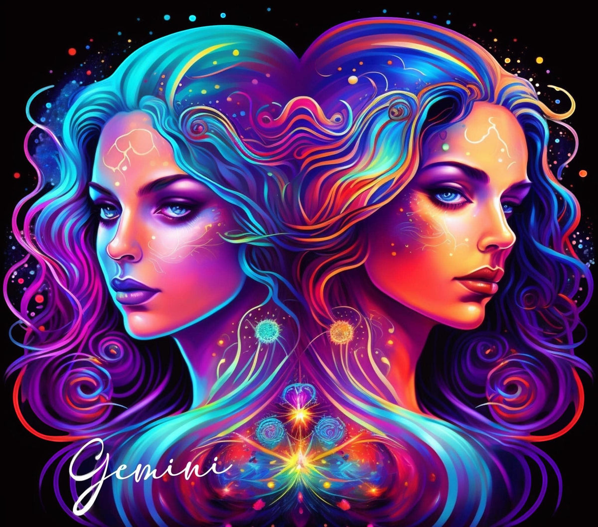 A&T Custom Gemini zodiac art print featuring two ethereal women with neon flowing hair against a dark background.