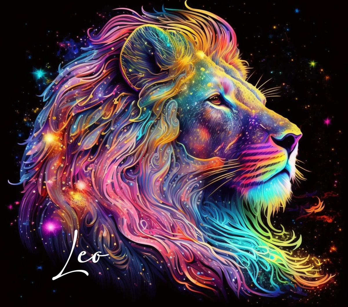 A&T Custom Leo zodiac sign art print featuring a vibrant neon lion profile against a dark cosmic starry background.