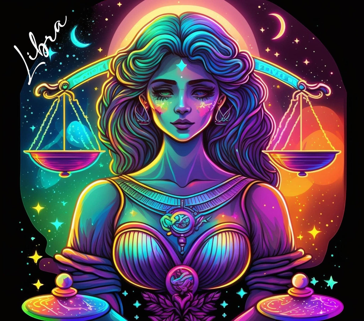 A&T Custom Libra zodiac art print featuring a neon-colored woman holding scales against a vibrant cosmic background.