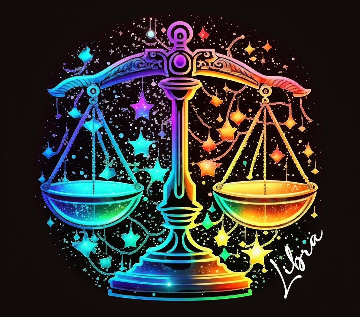 A&T Custom Libra zodiac sign art print featuring a neon-colored scale icon against a dark starry background.