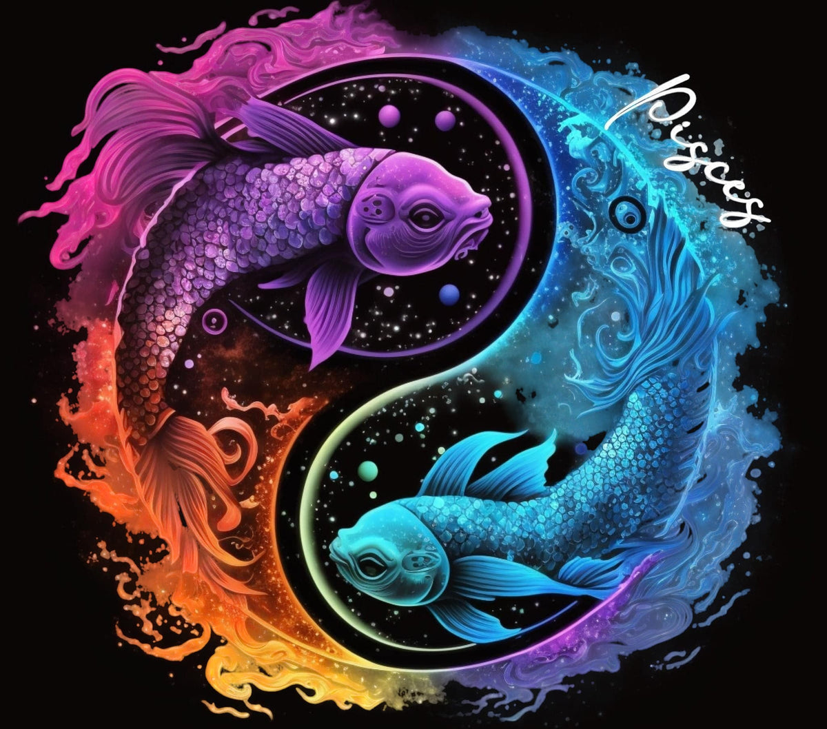 A&T Custom Pisces zodiac art print featuring two neon-colored koi fish in a yin-yang formation on a black background.