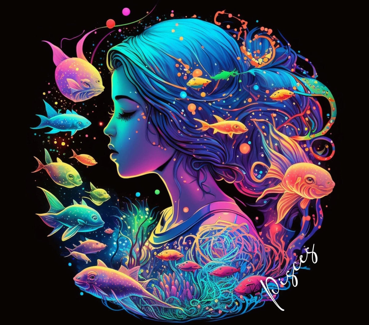 A&T Custom Pisces zodiac art print featuring a neon-colored profile of a woman surrounded by glowing fish on black.
