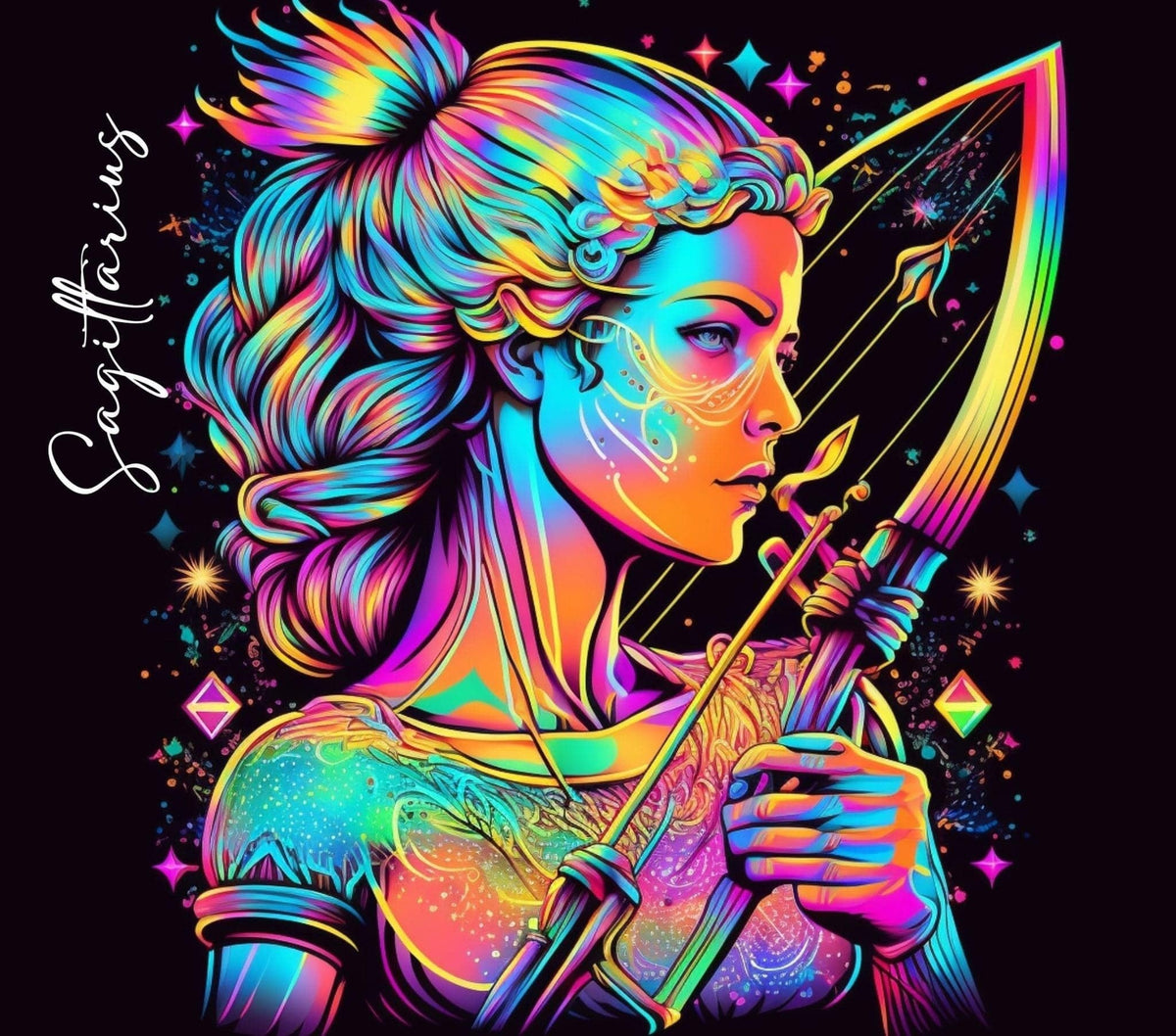 A&T Custom Sagittarius zodiac art print featuring a neon-colored archer woman against a deep black background.
