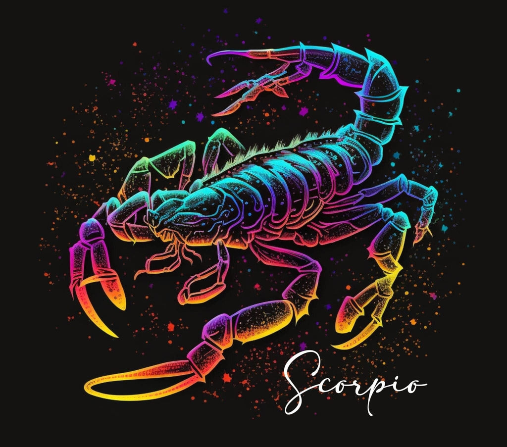 A&T Custom Scorpio zodiac art print featuring a neon rainbow scorpion illustration on a dramatic black background.
