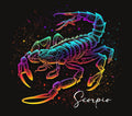 A&T Custom Scorpio zodiac art print featuring a neon rainbow scorpion illustration on a dramatic black background.