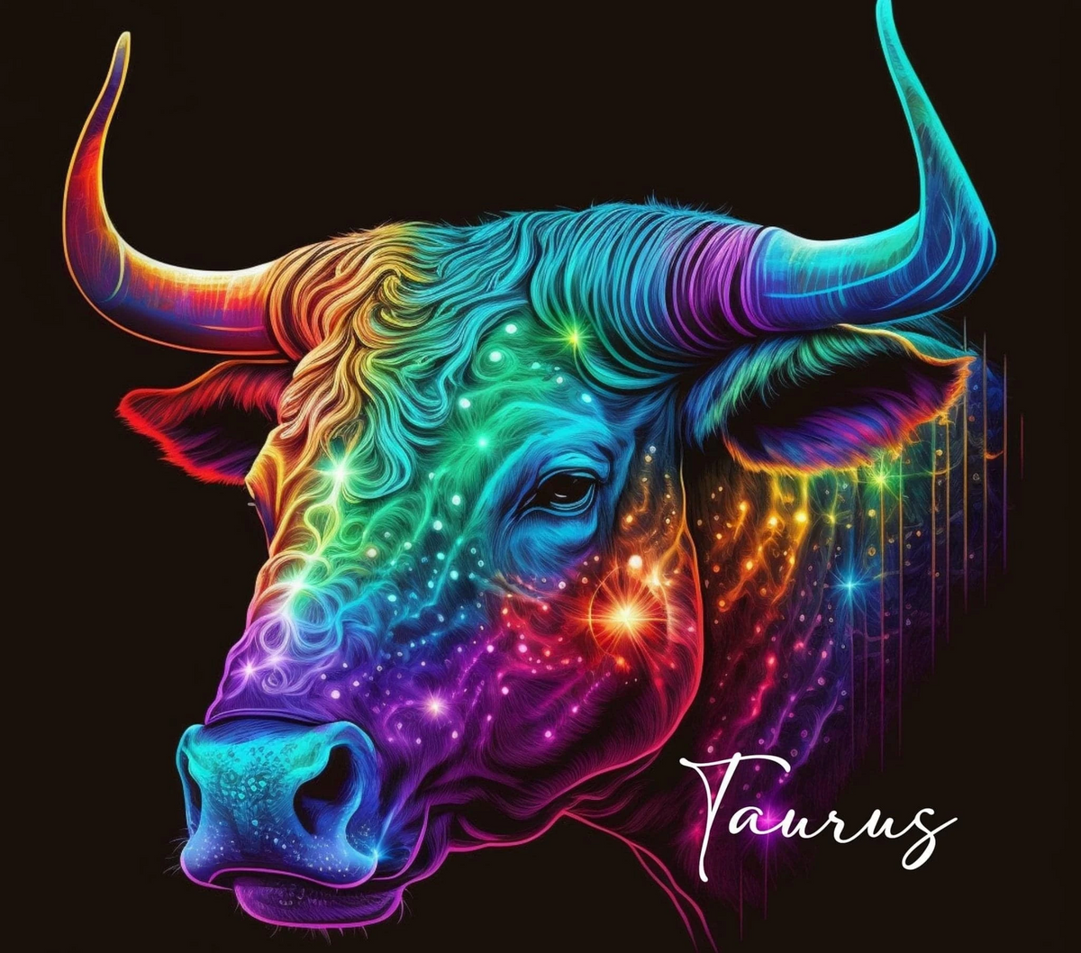 A&T Custom Taurus zodiac art print featuring a neon-colored bull with celestial star patterns on a black background.