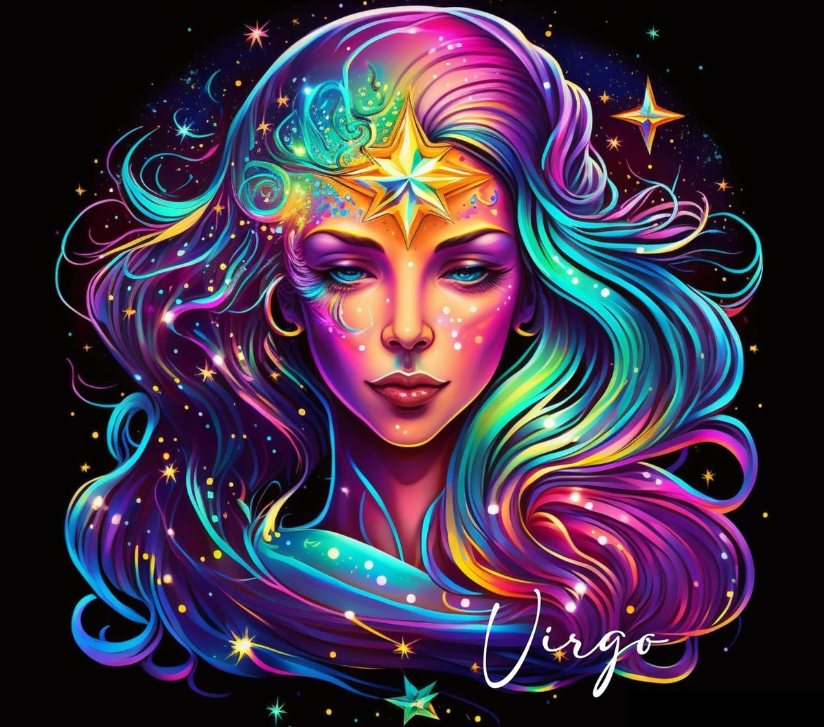 A&T Custom Virgo zodiac art print featuring a vibrant, neon-colored woman with flowing hair and celestial star accents.