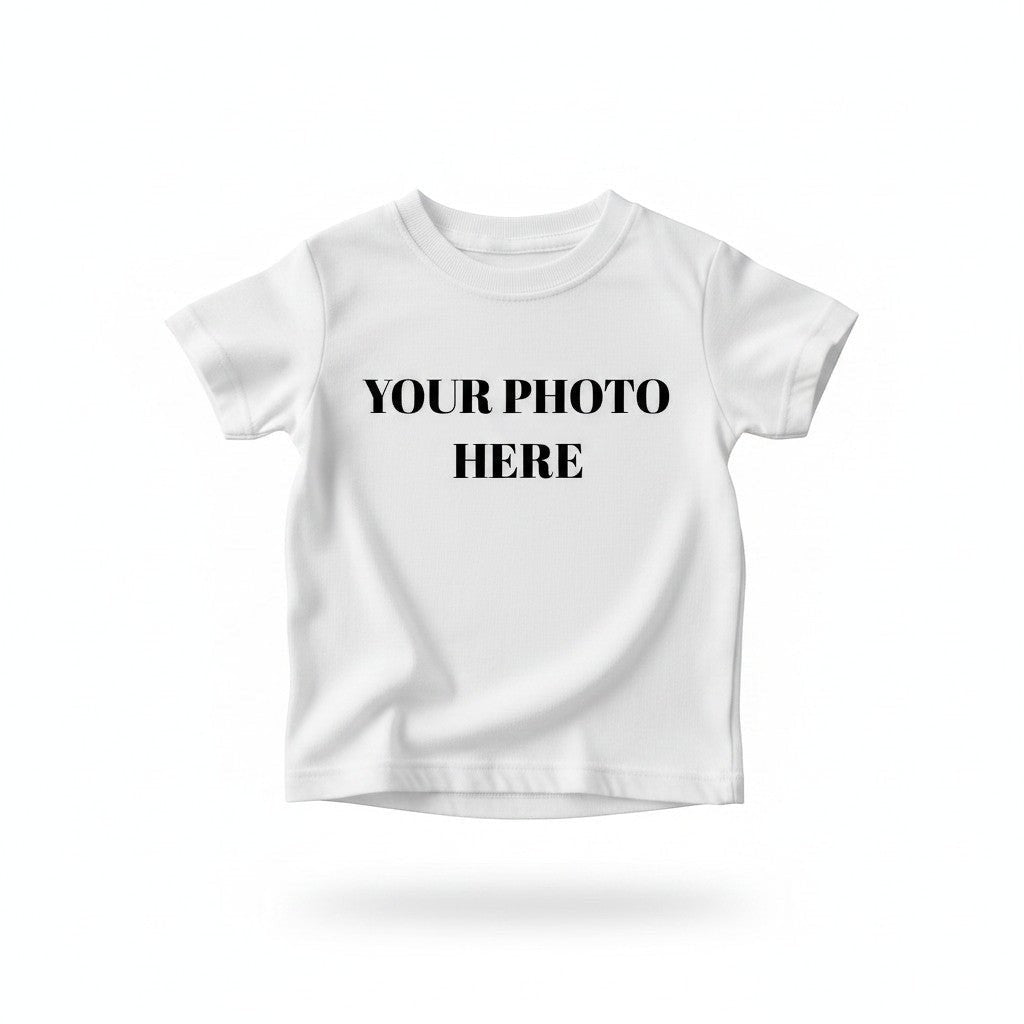 A&T Custom white cotton toddler t-shirt with a blank space for custom photo printing and a seamless collar.